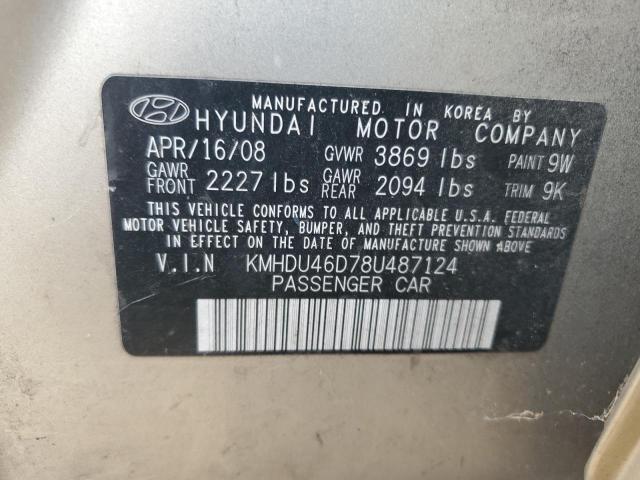 KMHDU46D78U487124 - 2008 HYUNDAI ELANTRA GLS BEIGE photo 12