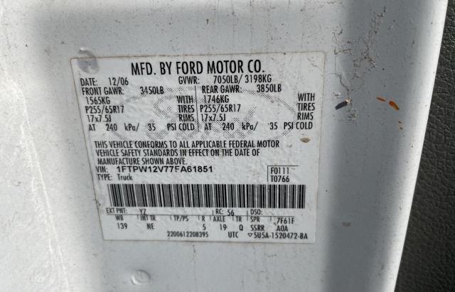 1FTPW12V77FA61851 - 2007 FORD F150 SUPERCREW WHITE photo 10