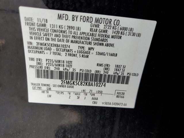 2FMGK5C82KBA10274 - 2019 FORD FLEX SEL BLACK photo 13