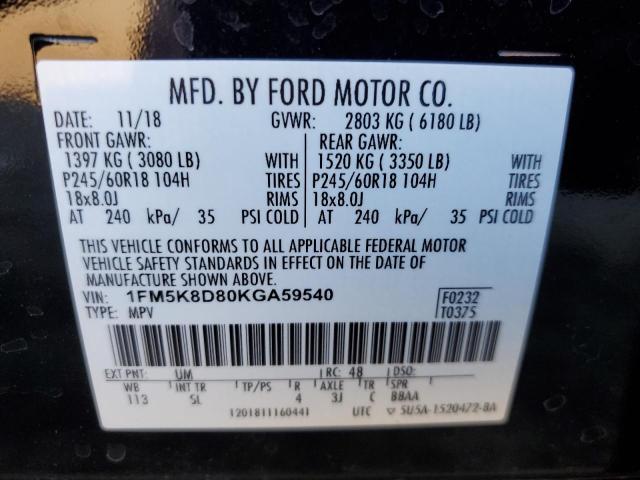 1FM5K8D80KGA59540 - 2019 FORD EXPLORER XLT BLACK photo 14