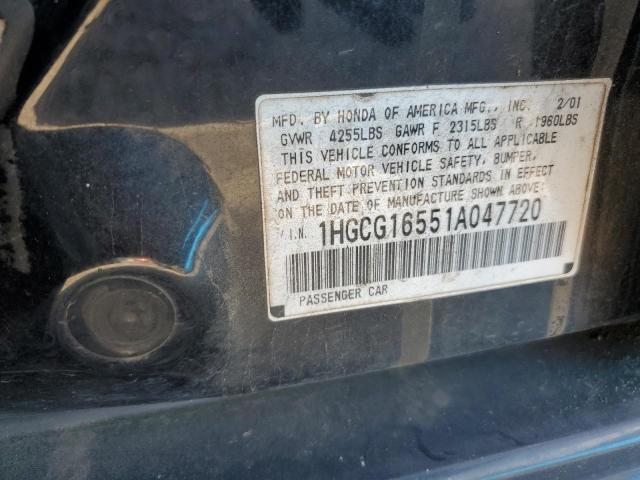 1HGCG16551A047720 - 2001 HONDA ACCORD EX BLACK photo 12