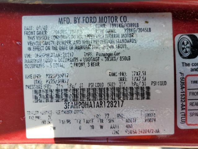 3FAHP0HA1AR128217 - 2010 FORD FUSION SE RED photo 13