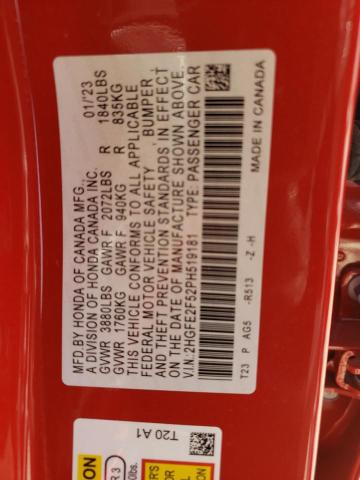 2HGFE2F52PH519181 - 2023 HONDA CIVIC SPORT 红色 照片 12
