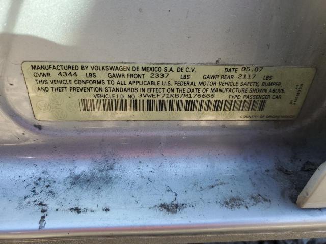 3VWEF71K87M176666 - 2007 VOLKSWAGEN JETTA WOLFSBURG 银色 照片 12