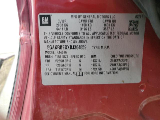 5GAKRBEDXBJ304859 - 2011 BUICK ENCLAVE CXL RED photo 13