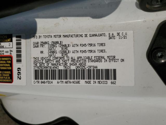 3TYRZ5CN9NT014943 - 2022 TOYOTA TACOMA ACCESS CAB Ақ фото 12