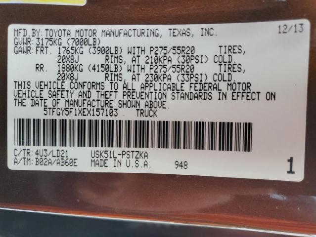 5TFGY5F1XEX157103 - 2014 TOYOTA TUNDRA CREWMAX PLATINUM 棕色 照片 13