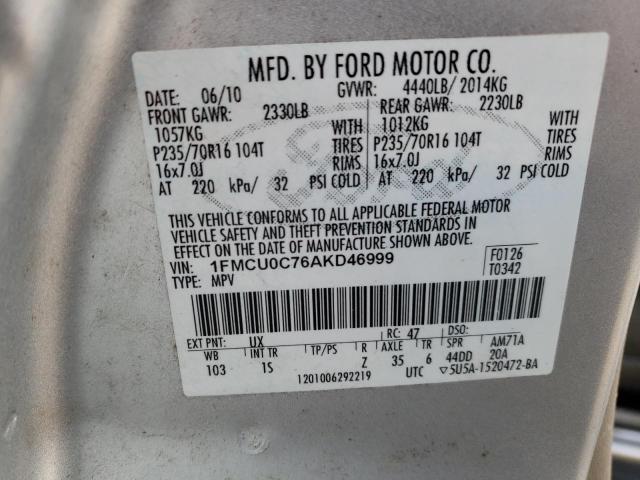 1FMCU0C76AKD46999 - 2010 FORD ESCAPE XLS SILVER photo 12