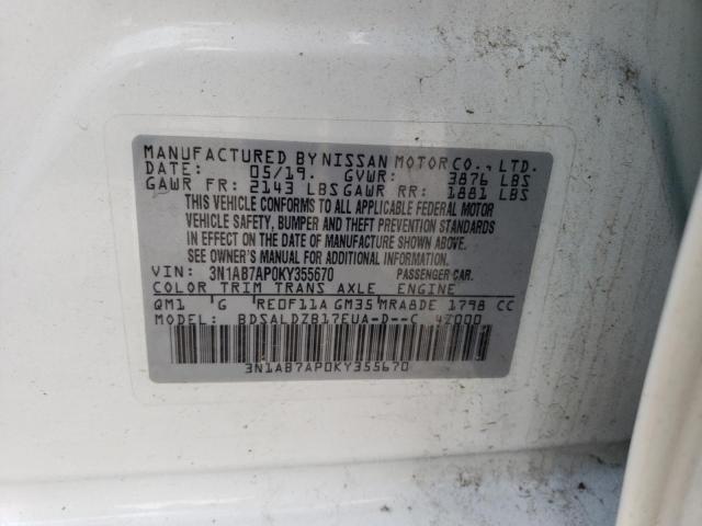 3N1AB7AP0KY355670 - 2019 NISSAN SENTRA S WHITE photo 12