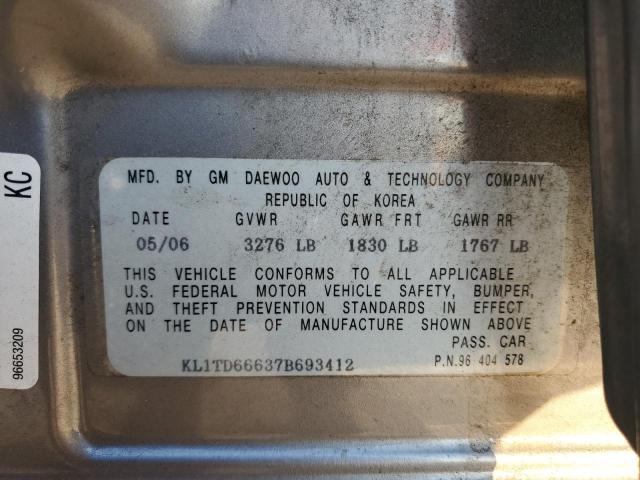 KL1TD66637B693412 - 2007 CHEVROLET AVEO BASE GRAY photo 12