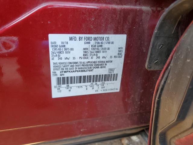 2FMPK4AP6KBB27697 - 2019 FORD EDGE ST RED photo 13