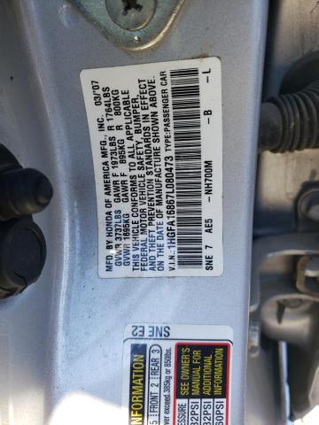 1HGFA16867L080473 - 2007 HONDA CIVIC EX SILVER photo 12