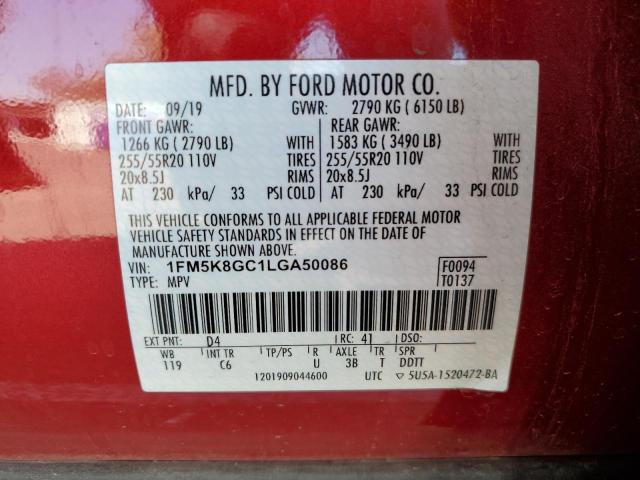 1FM5K8GC1LGA50086 - 2020 FORD EXPLORER ST RED photo 13