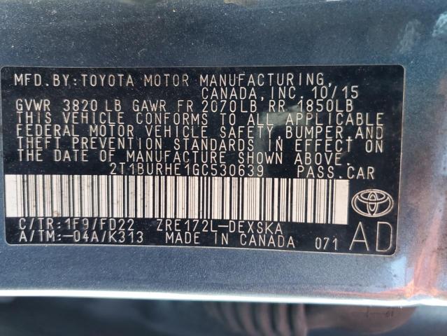 2T1BURHE1GC530639 - 2016 TOYOTA COROLLA L GRAY photo 12