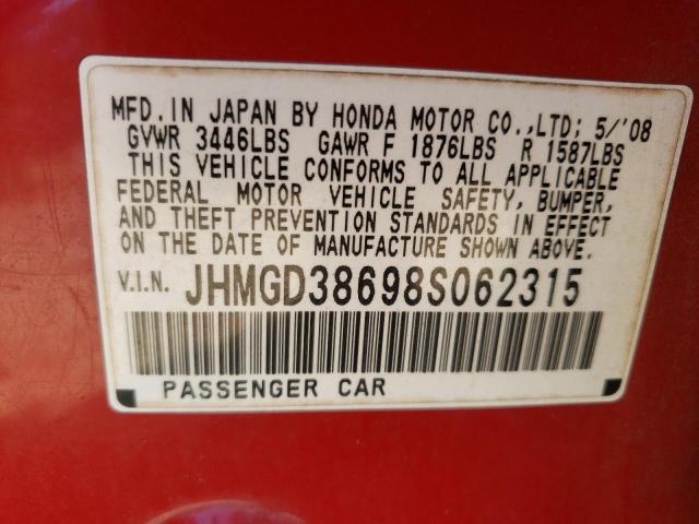 JHMGD38698S062315 - 2008 HONDA FIT SPORT RED photo 13