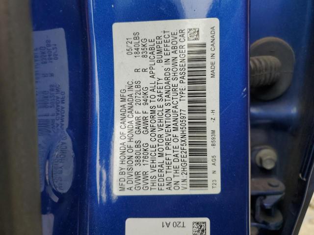 2HGFE2F5XNH505977 - 2022 HONDA CIVIC SPORT 蓝色 照片 12