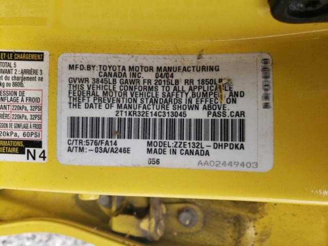 2T1KR32E14C313045 - 2004 TOYOTA COROLLA MA XR YELLOW photo 12