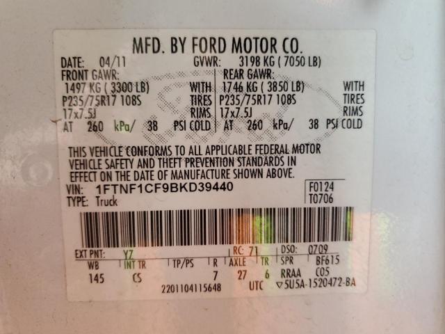 1FTNF1CF9BKD39440 - 2011 FORD F150 أبيض صورة 12