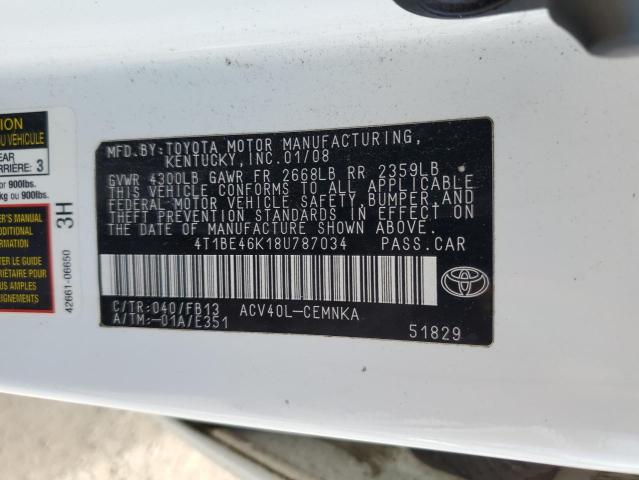 4T1BE46K18U787034 - 2008 TOYOTA CAMRY CE WHITE photo 12