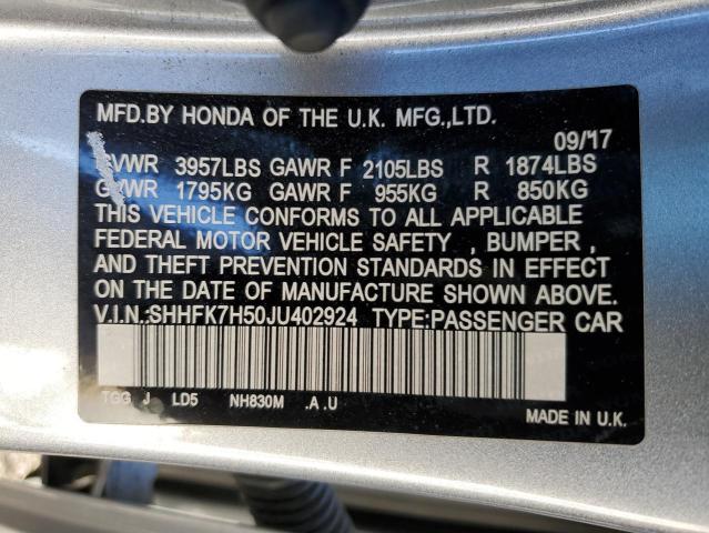 SHHFK7H50JU402924 - 2018 HONDA CIVIC EX SILVER photo 13