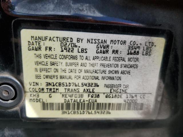 3N1CB51D76L543236 - 2006 NISSAN SENTRA 1.8 BLACK photo 12