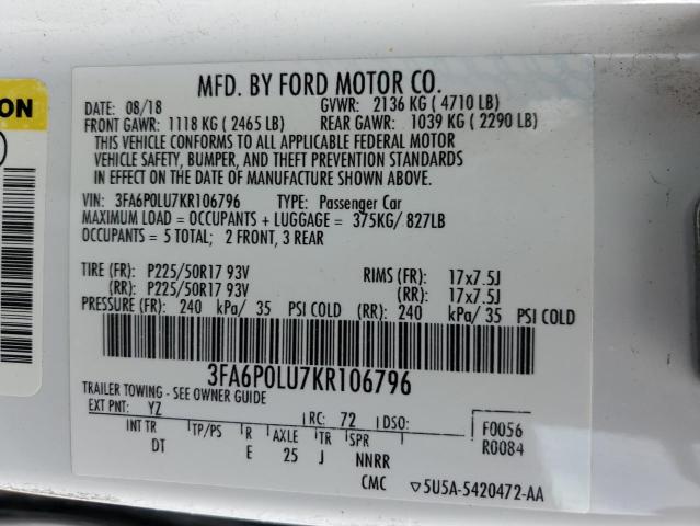 3FA6P0LU7KR106796 - 2019 FORD FUSION SE WHITE photo 12