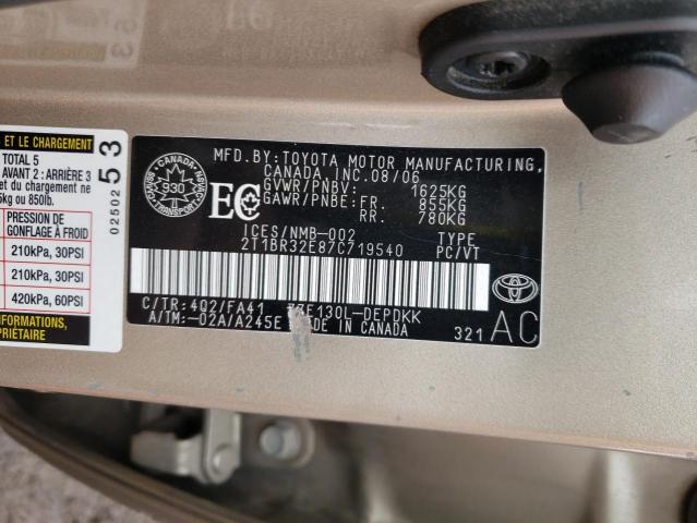 2T1BR32E87C719540 - 2007 TOYOTA COROLLA CE GOLD photo 12