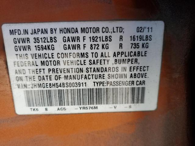 JHMGE8H54BS003911 - 2011 HONDA FIT SPORT ORANGE photo 12