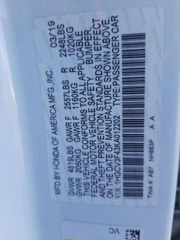 1HGCV3F43KA012202 - 2019 HONDA ACCORD HYBRID EX WHITE photo 13