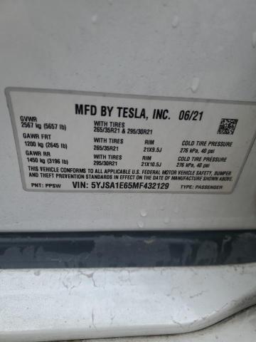 5YJSA1E65MF432129 - 2021 TESLA MODEL S თეთრი ფოტო 12