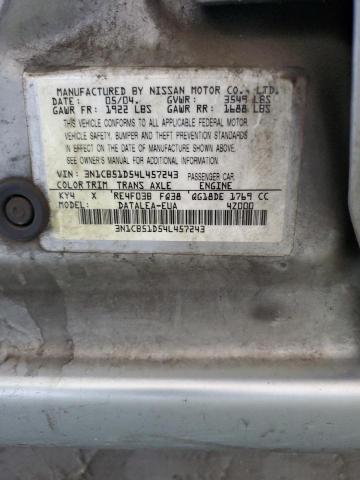 3N1CB51D54L457243 - 2004 NISSAN SENTRA 1.8 SILVER photo 13