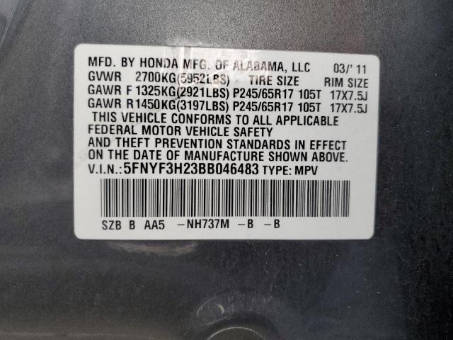 5FNYF3H23BB046483 - 2011 HONDA PILOT LX GRAY photo 13