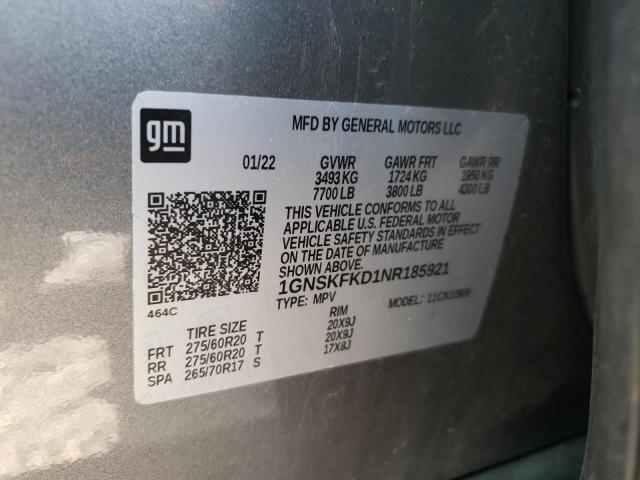 1GNSKFKD1NR185921 - 2022 CHEVROLET SUBURBAN K1500 PREMIER GRAY photo 14