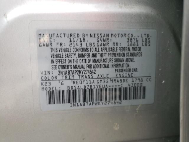 3N1AB7AP2KY274542 - 2019 NISSAN SENTRA S SILVER photo 12