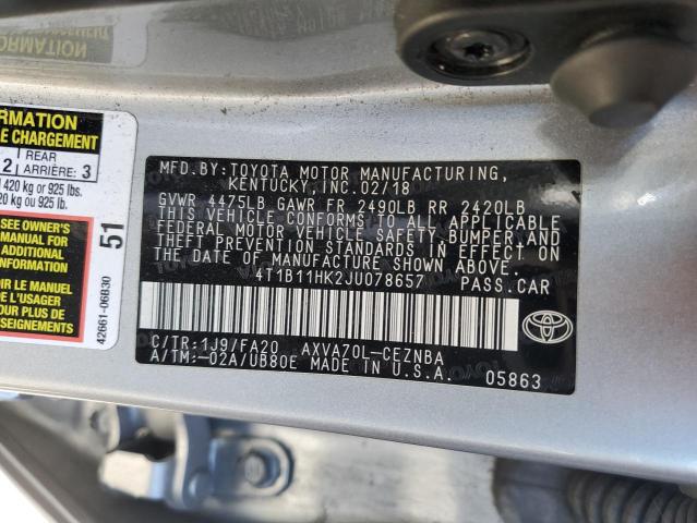 4T1B11HK2JU078657 - 2018 TOYOTA CAMRY L SILVER photo 12