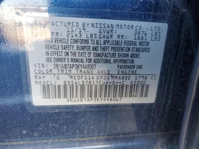 3N1AB7AP3KY448067 - 2019 NISSAN SENTRA S BLUE photo 13