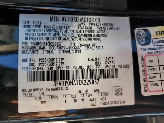 3FAHP0HA1CR229857 - 2012 FORD FUSION SE BLACK photo 13