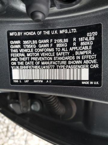 SHHFK7H8XLU416777 - 2020 HONDA CIVIC EXL ნაცრისფერი ფოტო 12