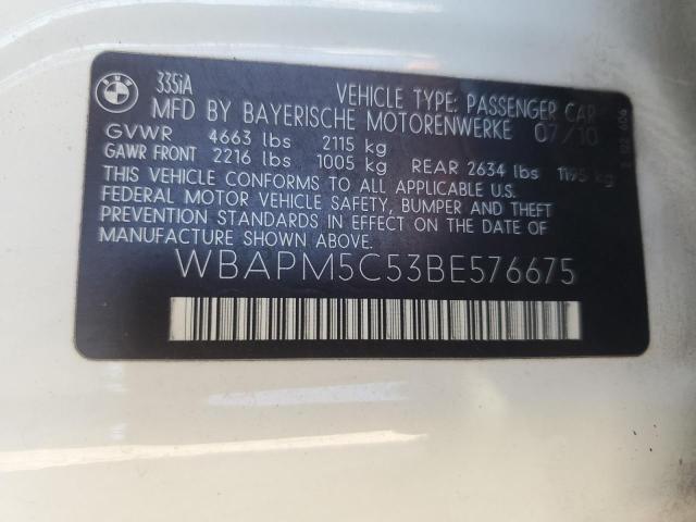 WBAPM5C53BE576675 - 2011 BMW 335 I WHITE photo 13