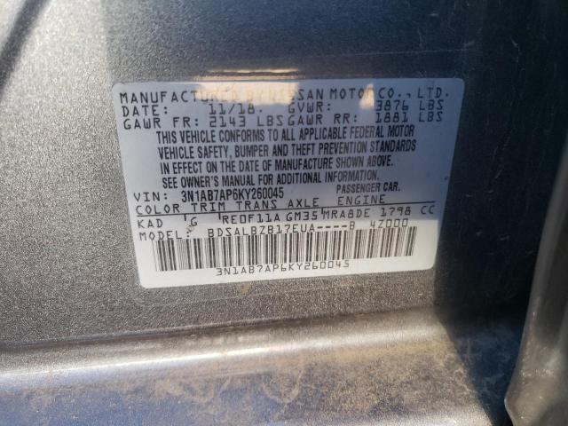 3N1AB7AP6KY260045 - 2019 NISSAN SENTRA S GRAY photo 12