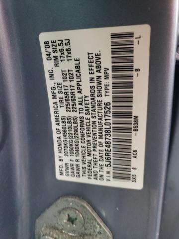 5J6RE48738L017526 - 2008 HONDA CR-V EXL BLUE photo 12