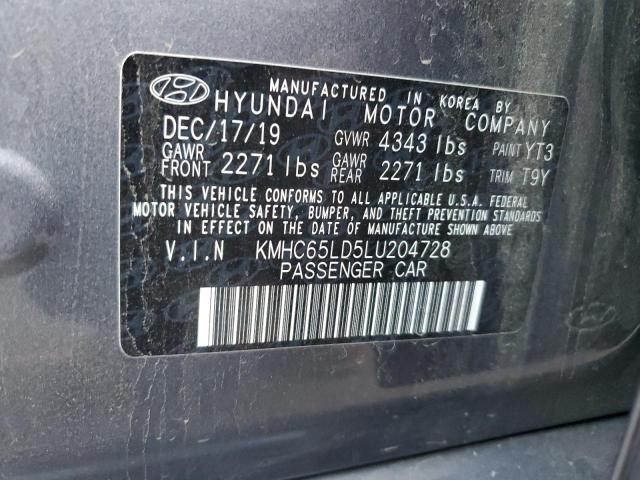 KMHC65LD5LU204728 - 2020 HYUNDAI IONIQ SE CHARCOAL photo 12