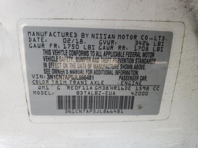 3N1CN7AP5JL866481 - 2018 NISSAN VERSA S WHITE photo 12