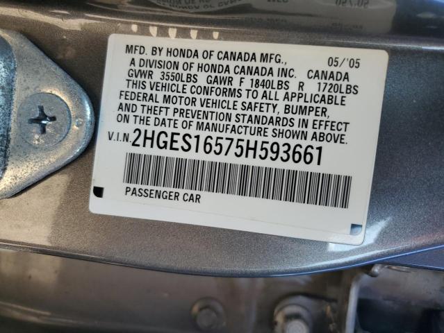 2HGES16575H593661 - 2005 HONDA CIVIC LX GRAY photo 12