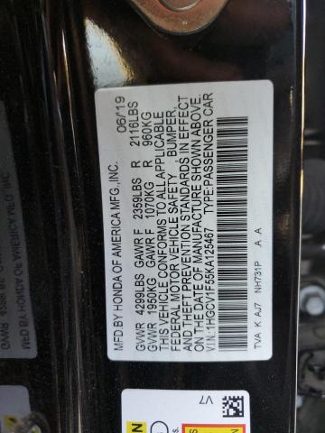 1HGCV1F55KA125467 - 2019 HONDA ACCORD EXL BLACK photo 12