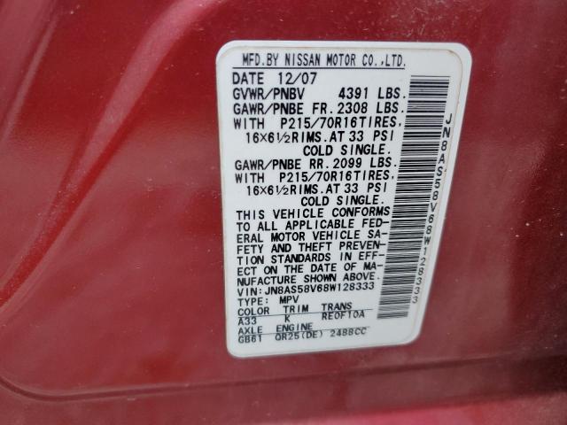 JN8AS58V68W128333 - 2008 NISSAN ROGUE S RED photo 13