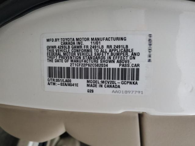 2T1CF22P62C582034 - 2002 TOYOTA CAMRY SOLA SE WHITE photo 12