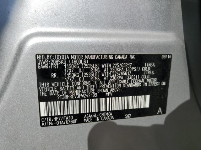 2T3RFREV3FW242199 - 2015 TOYOTA RAV4 XLE SILVER photo 12