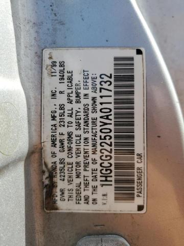 1HGCG2250YA011732 - 2000 HONDA ACCORD EX SILVER photo 12