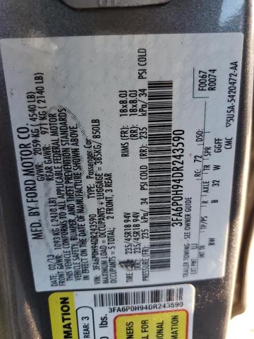 3FA6P0H94DR243590 - 2013 FORD FUSION SE GRAY photo 12